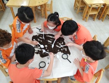 흙 속에 어떤 생물이 살고 있는지 배우고 직접 흙 속 생물 찾아보기를 체험하고 있다.