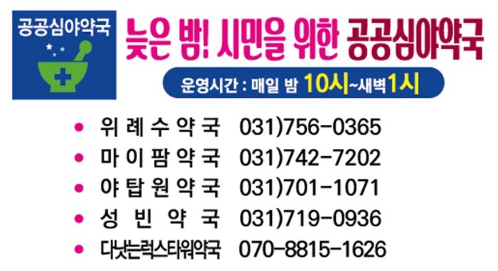 성남시 공공심야약국 5곳 매일 새벽 1시까지 문 열어