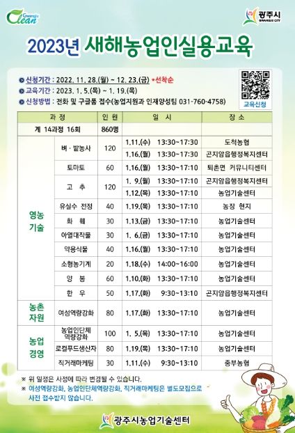 광주시, 2023년 새해농업인실용교육 교육생 모집