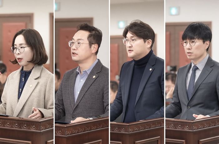 남양주시의회 자치행정위원회 위원들이 조례안을 제안설명 하고 있다.좌측부터 정현미 의원, 한근수 의원, 김지훈(민) 의원, 원주영 의원
