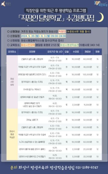 화성시, 2024년‘직장인 달빛학교’ 2차 수강생 모집