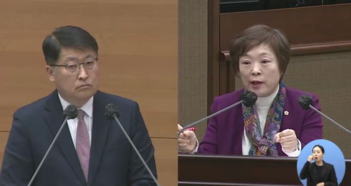 지난 2월 20일 서울시의회 본회의장에서 신동원의원이 김태균 서울시행정1부시장에게 질문하고 있다