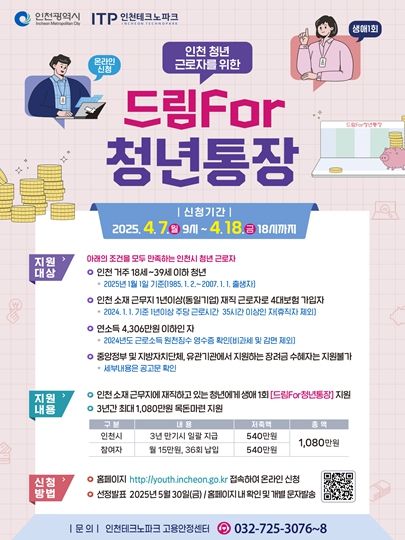 재직청년을 위한‘드림for청년통장’모집 안내 포스터