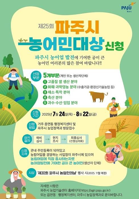 파주시, 제25회 농어민대상 선발… 8월 22일까지 신청 접수