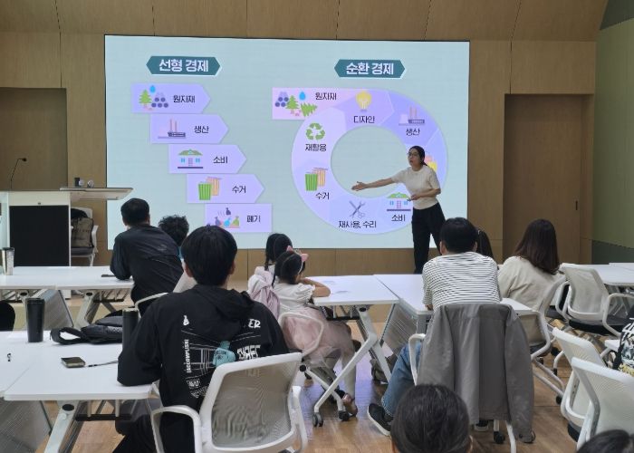 기후에너지강사가 학생들을 대상으로 기후위기 대응과 탄소중립 실천 교육을 진행하고 있다.
