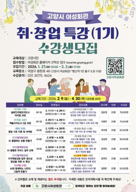 고양시 여성회관 ‘2026년 취창업 특강(1기) 수강생 모집’ 안내문
