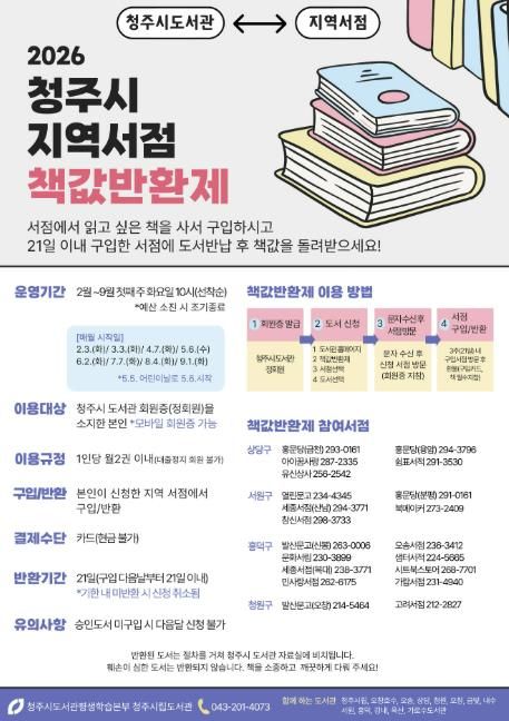 청주시, 지역서점 연계 ‘책값반환제’ 2월 3일부터 운영
