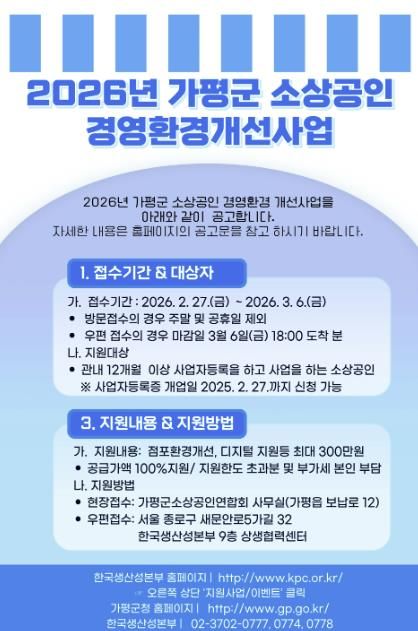 가평군, 소상공인 경영환경개선사업 지원
